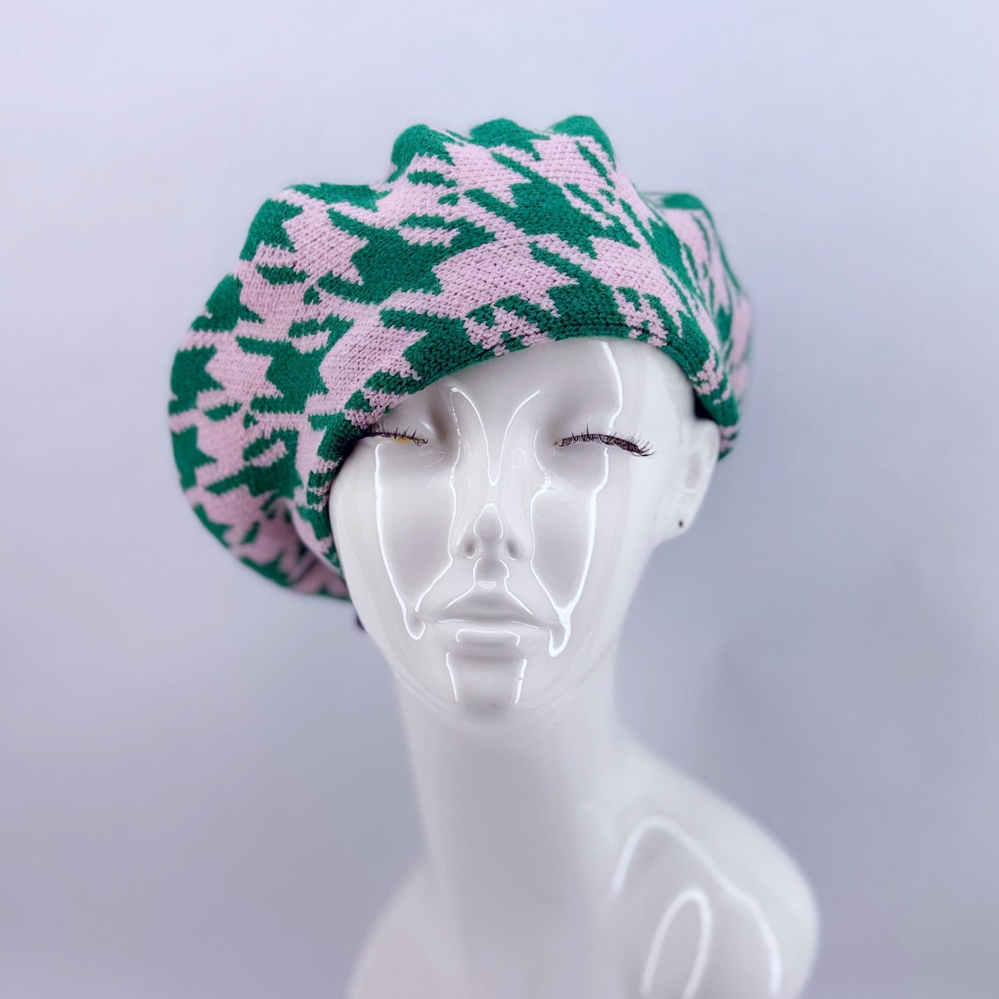 Pink and Green Houndstooth Print Beret Tam Hat