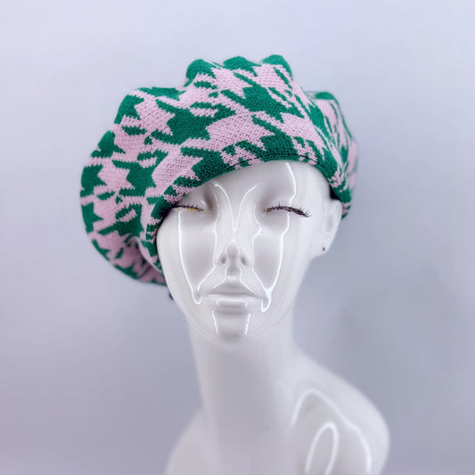 Pink and Green Houndstooth Print Beret Tam Hat