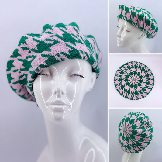 Pink and Green Houndstooth Print Beret Tam Hat