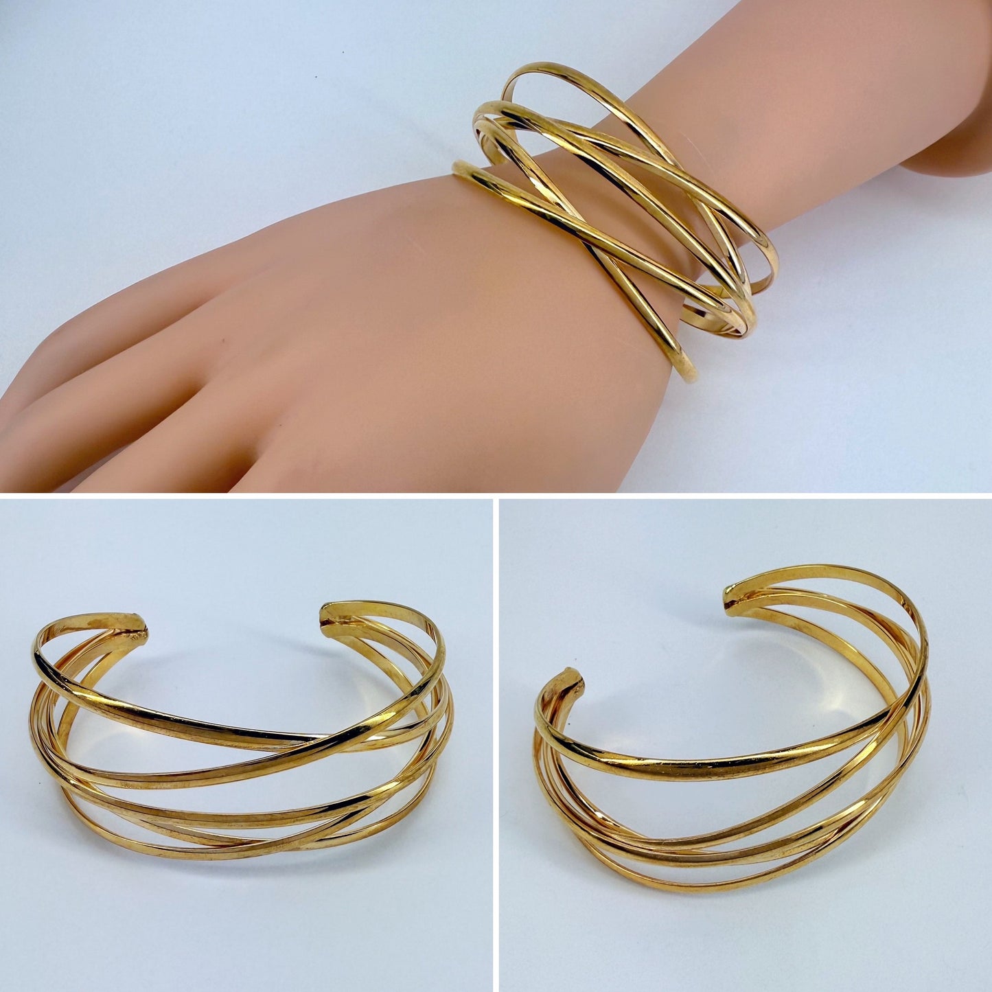 Gold Finish Crossed Metal Cuff Bracelet
