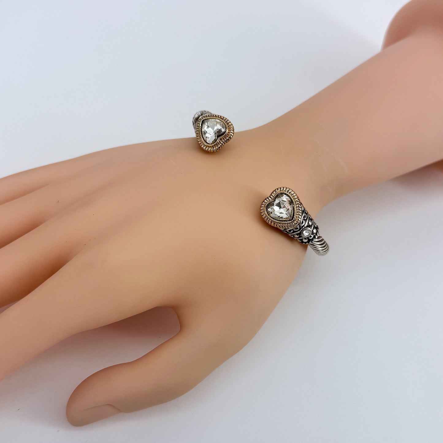 Cable Style Bangle Bracelet with Heart Rhinestone
