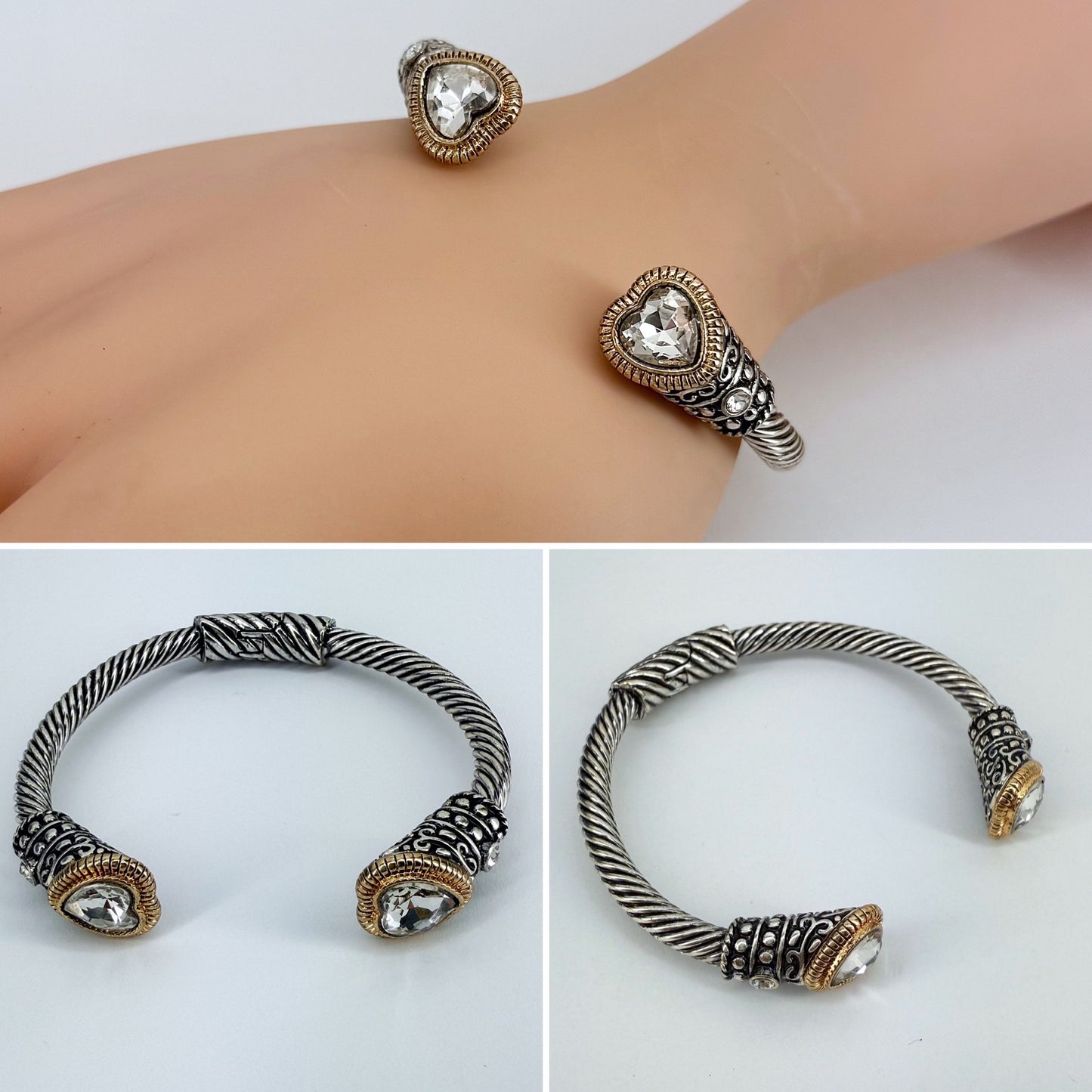 Cable Style Bangle Bracelet with Heart Rhinestone