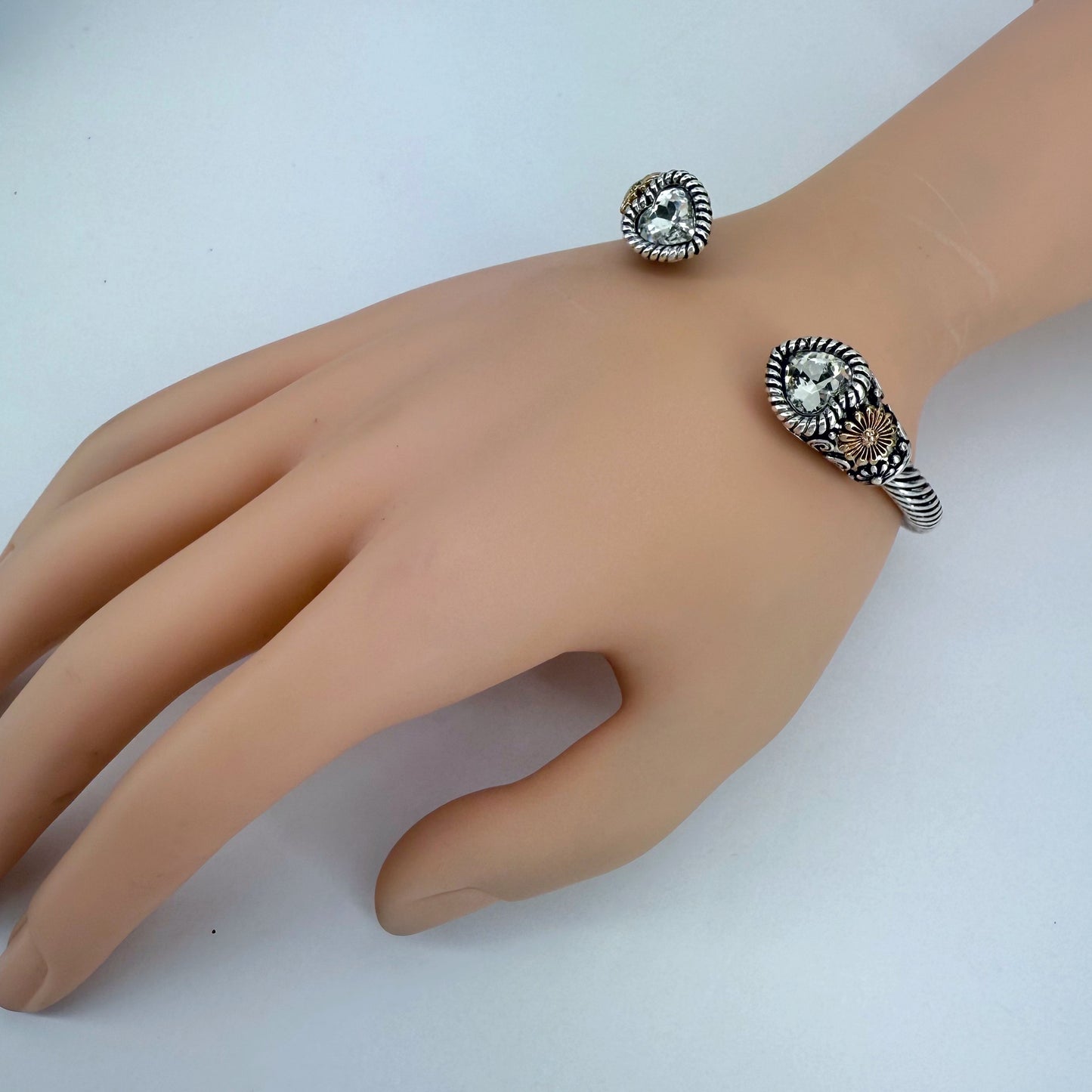 Cable Style Bangle Bracelet with Heart Rhinestone