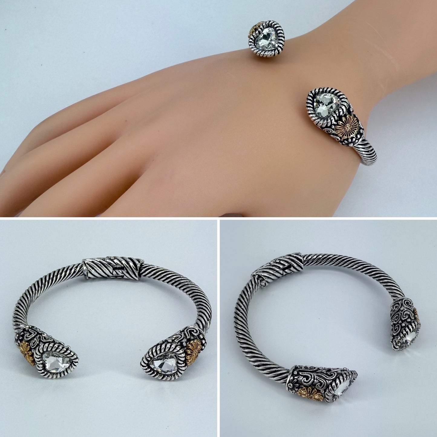 Cable Style Bangle Bracelet with Heart Rhinestone