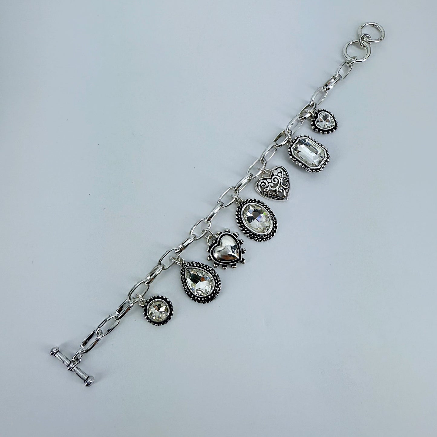 Heart and Oval Clear Charms Chain Bracelet