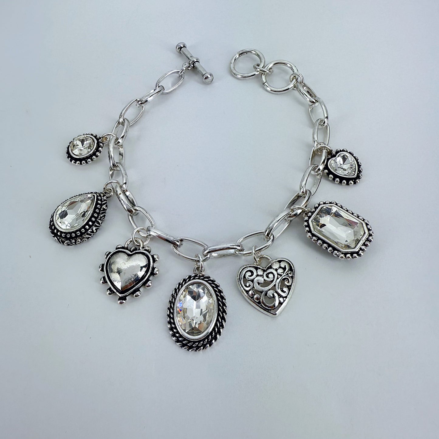 Heart and Oval Clear Charms Chain Bracelet