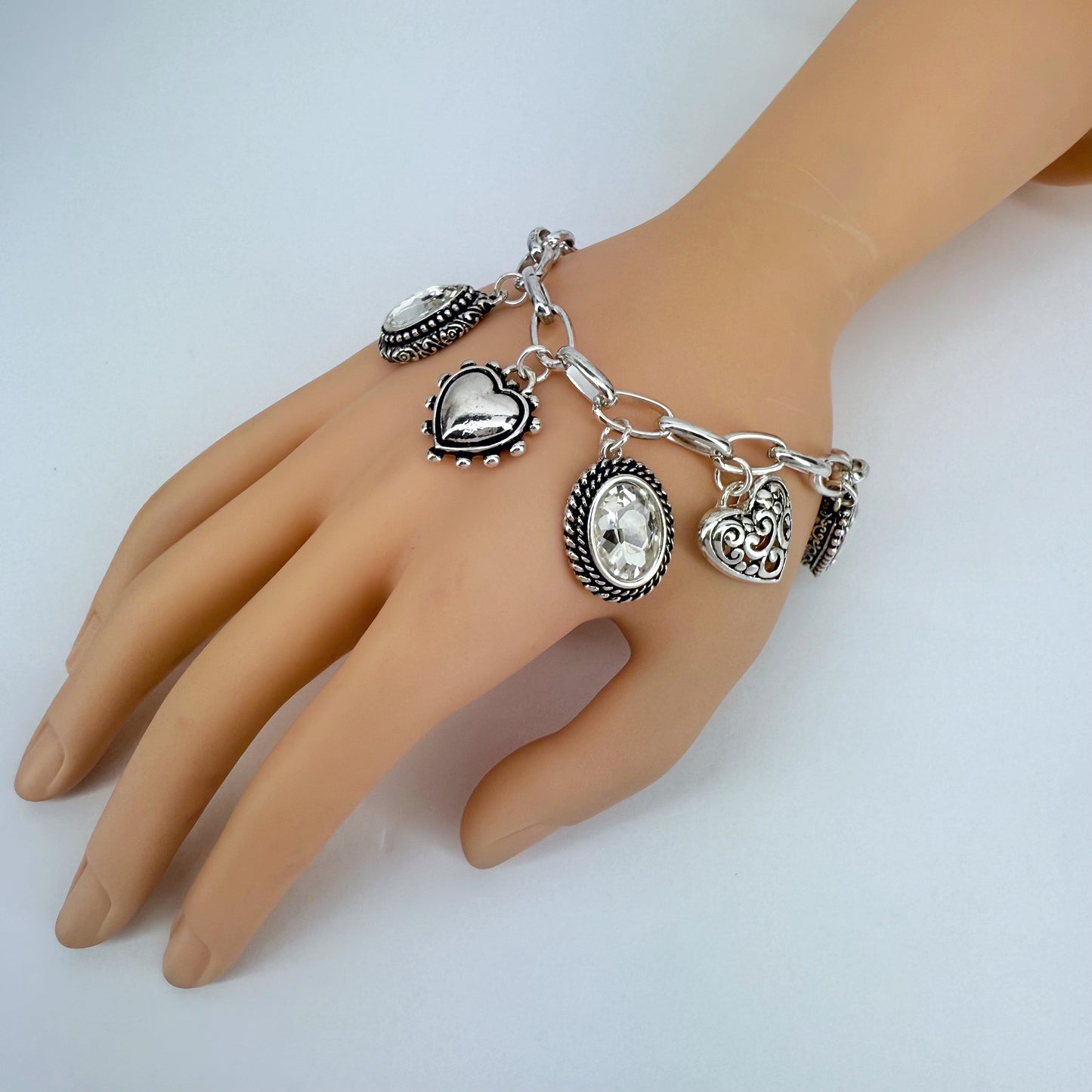 Heart and Oval Clear Charms Chain Bracelet