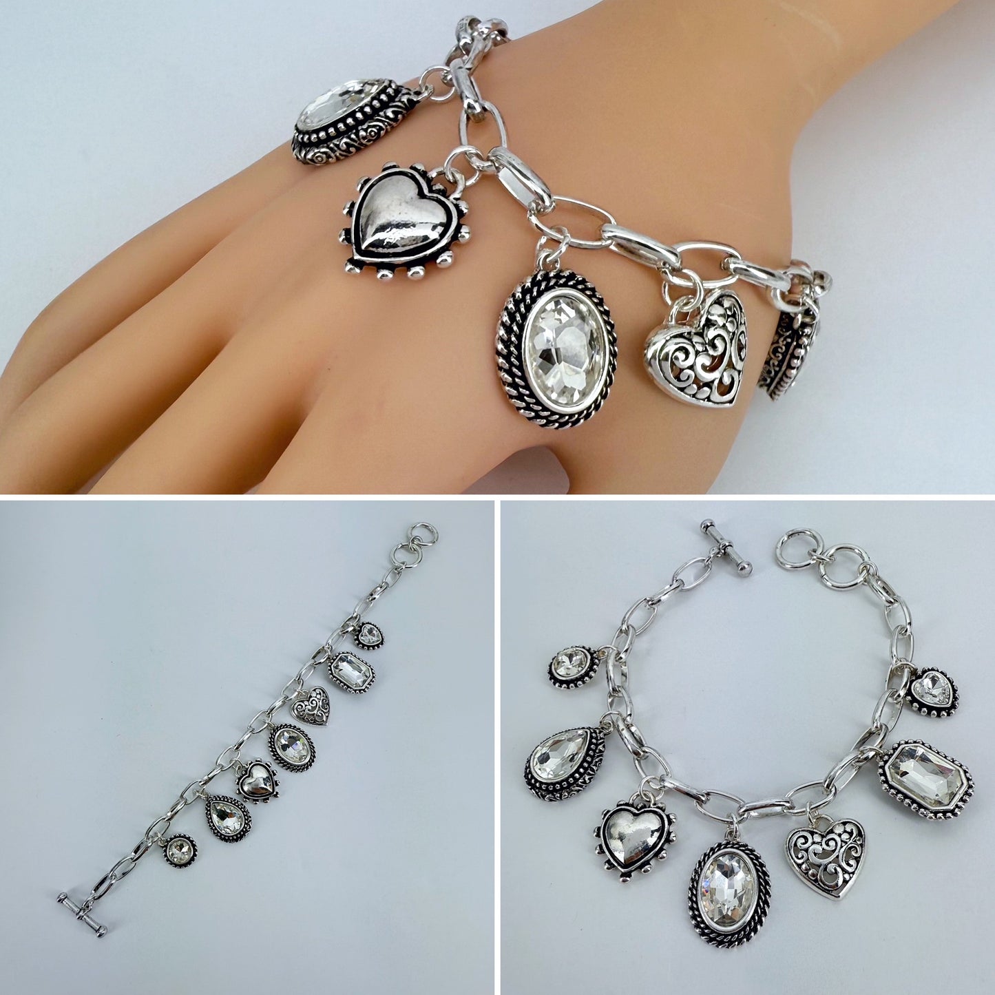 Heart and Oval Clear Charms Chain Bracelet