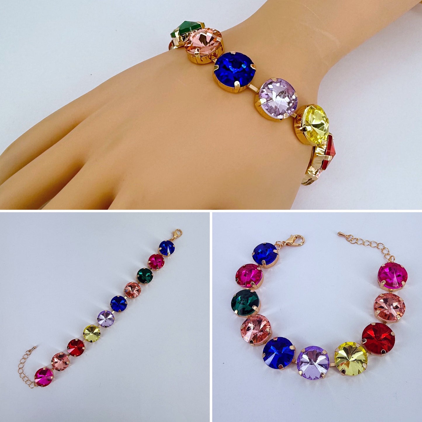 Gold Finish Multicolor Round Stones Bracelet