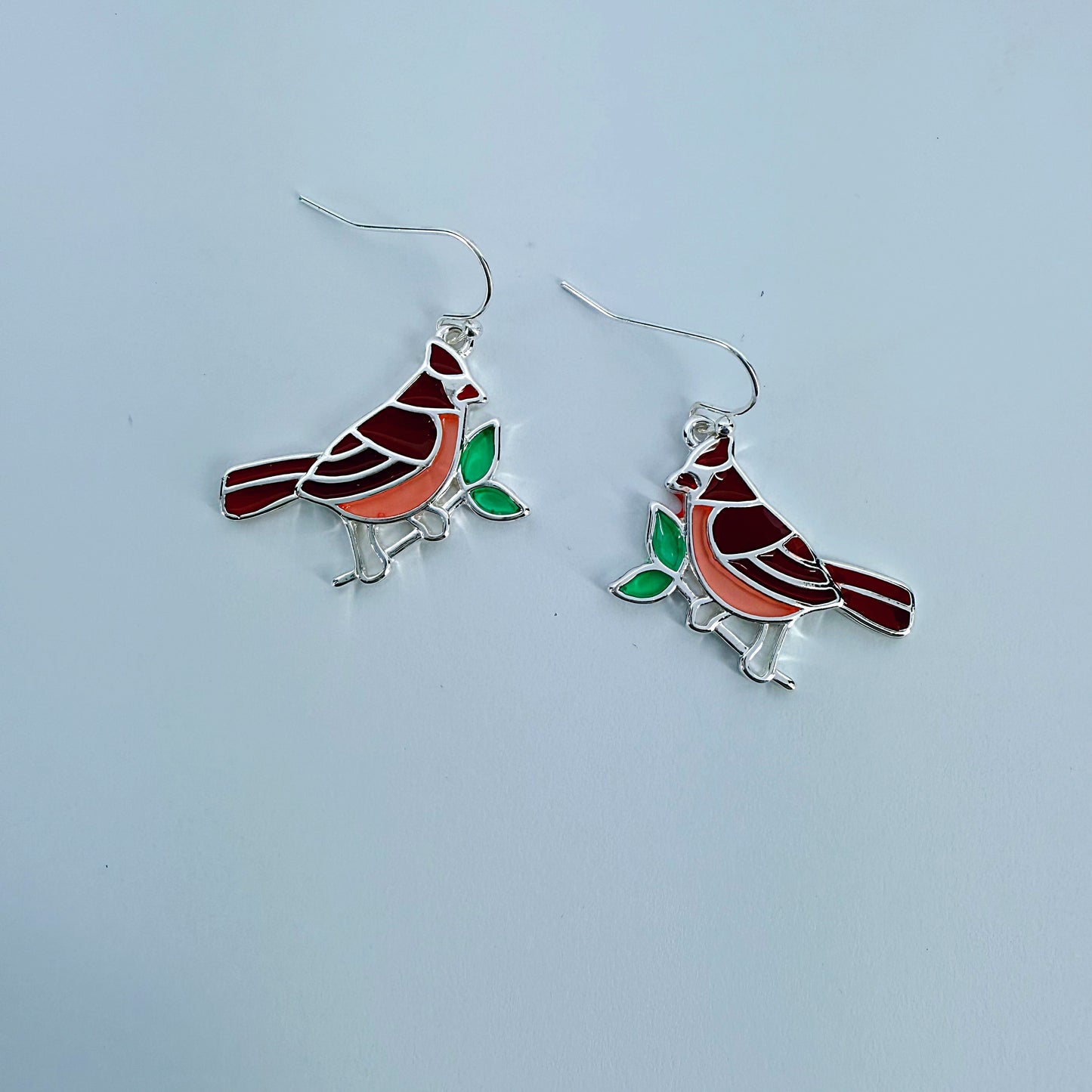Silver finish Clear Epoxy Red Cardinal Bird Earrings