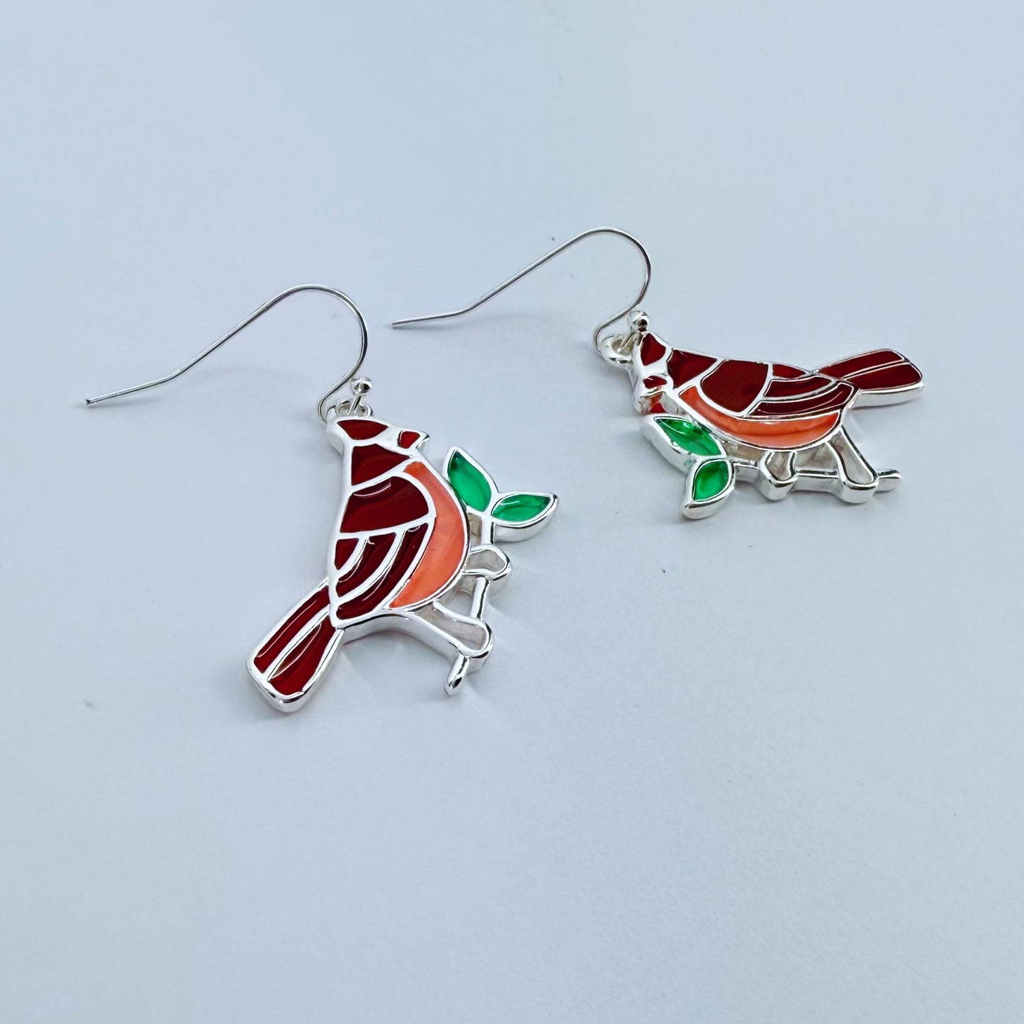 Silver finish Clear Epoxy Red Cardinal Bird Earrings