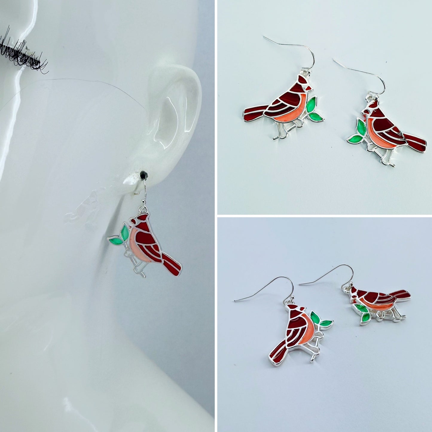 Silver finish Clear Epoxy Red Cardinal Bird Earrings