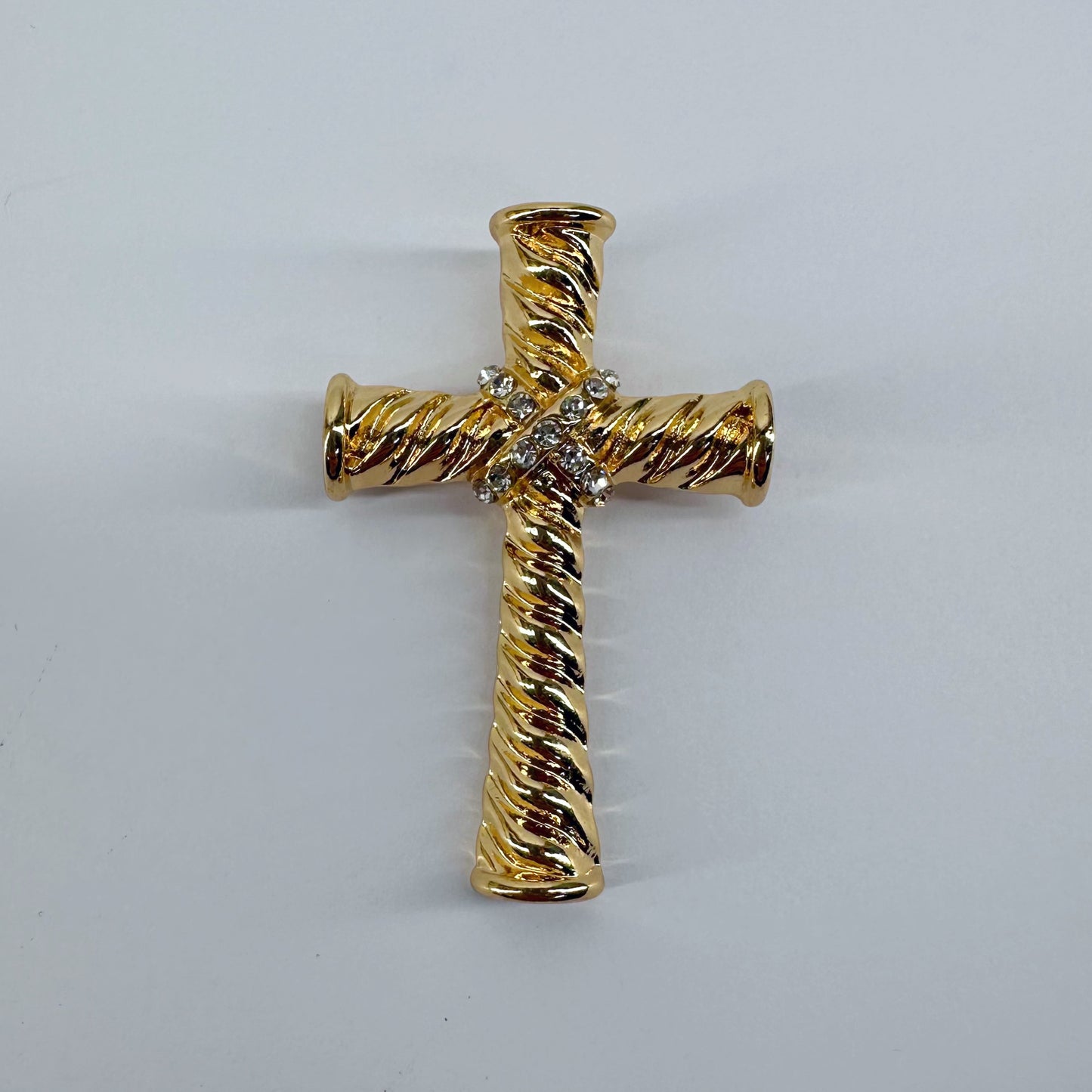 Corrugated Cross Brooch with Rhinestones