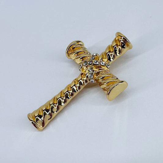 Corrugated Cross Brooch with Rhinestones