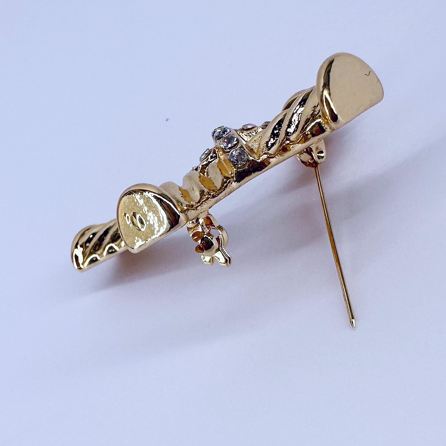 Corrugated Cross Brooch with Rhinestones