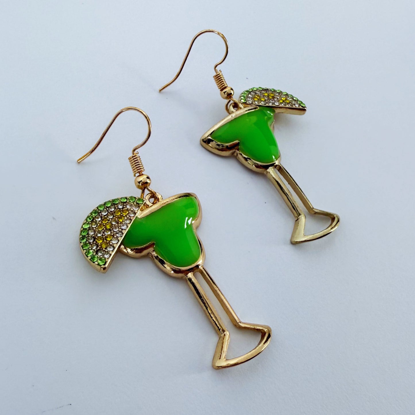 Gold Finish Green Margarita Drink Fun Earrings