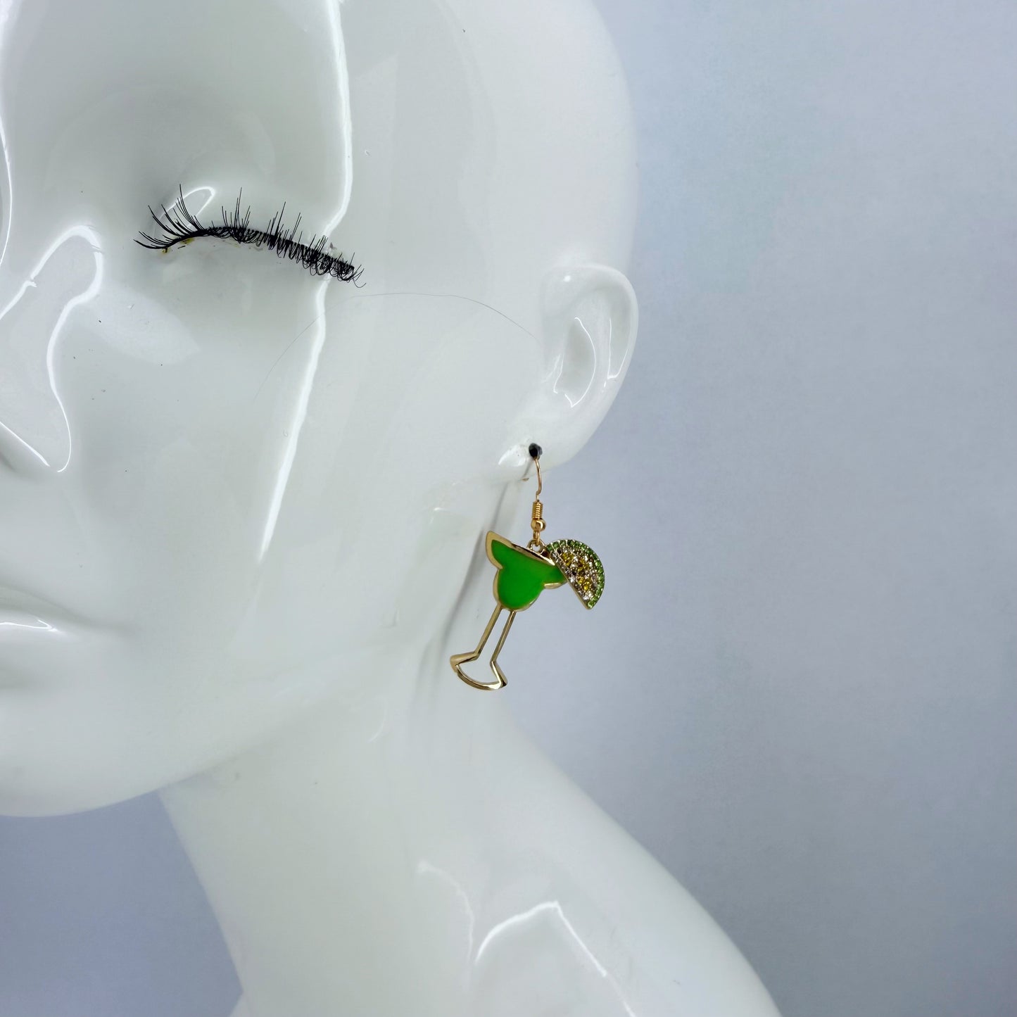 Gold Finish Green Margarita Drink Fun Earrings