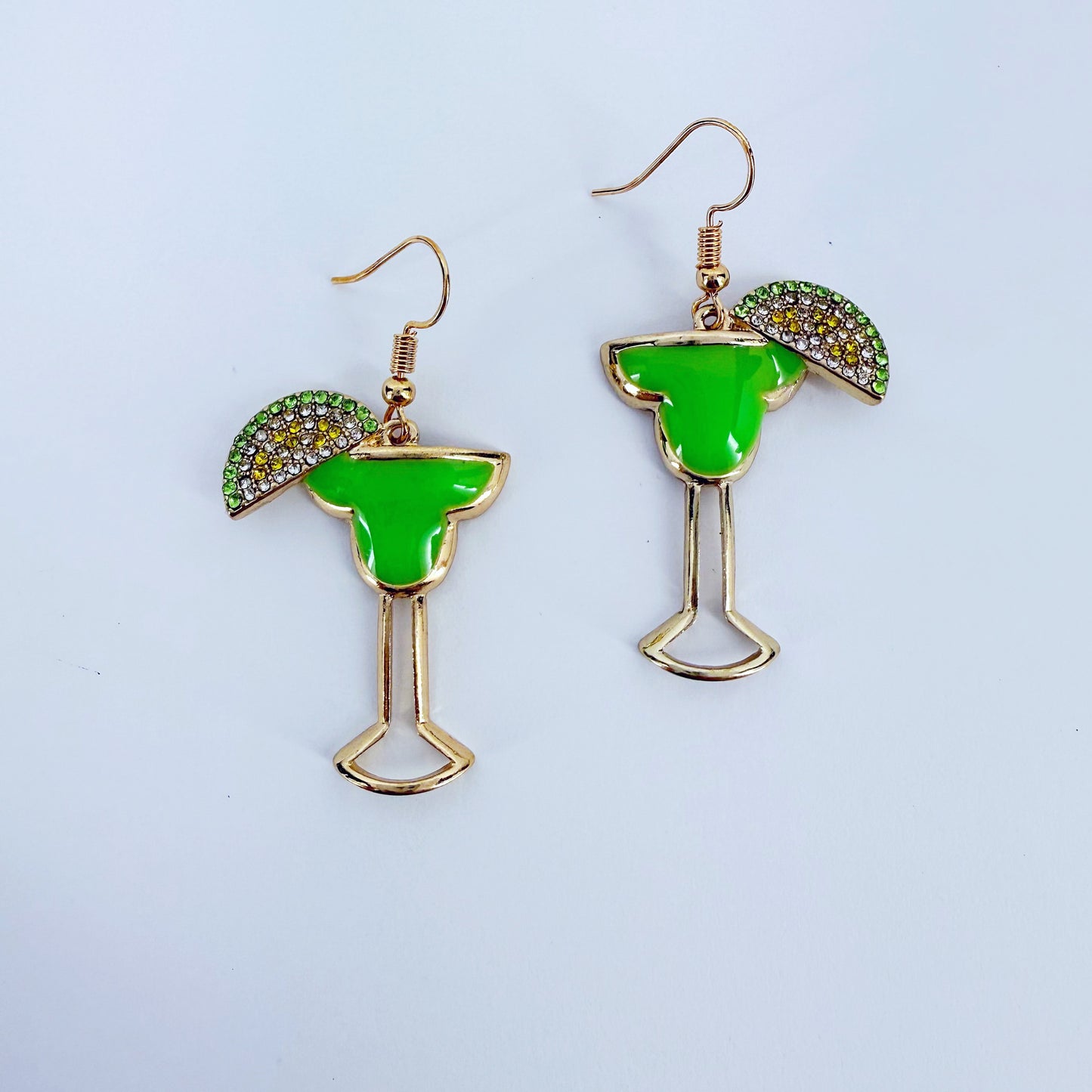 Gold Finish Green Margarita Drink Fun Earrings