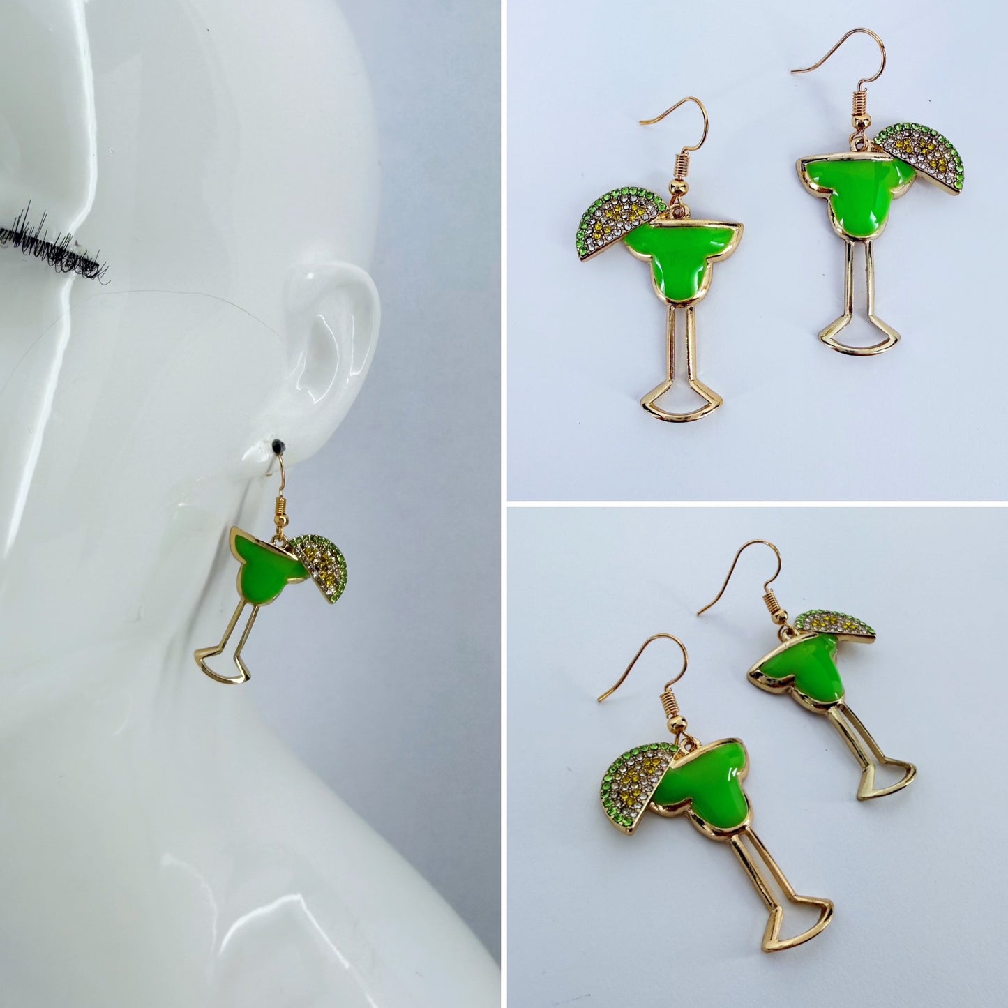 Gold Finish Green Margarita Drink Fun Earrings
