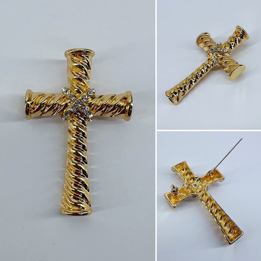 Corrugated Cross Brooch with Rhinestones