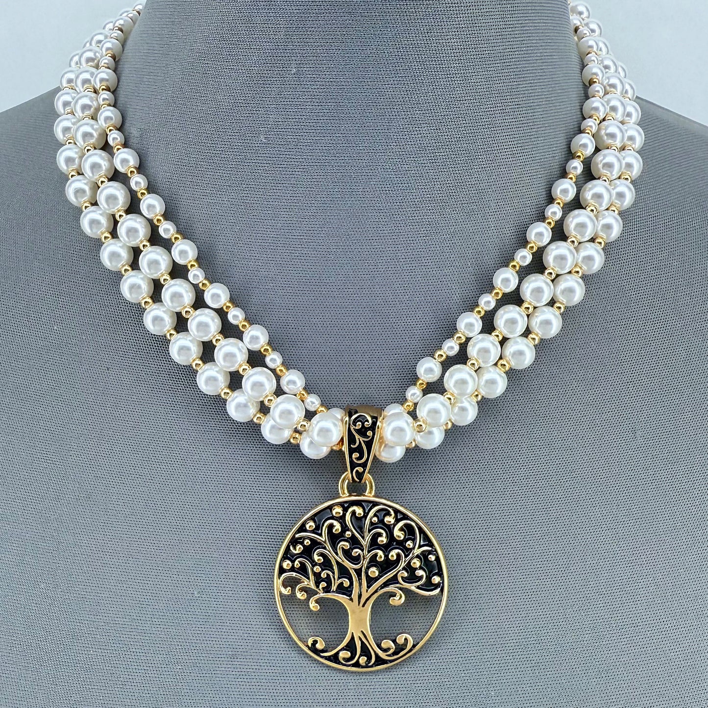 Gold Finish Multi Layer Pearl Neclace Tree of Life Pendant
