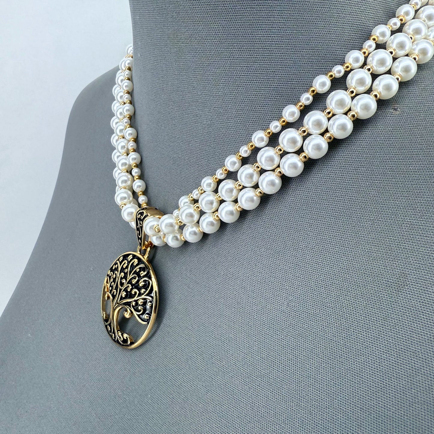 Gold Finish Multi Layer Pearl Neclace Tree of Life Pendant