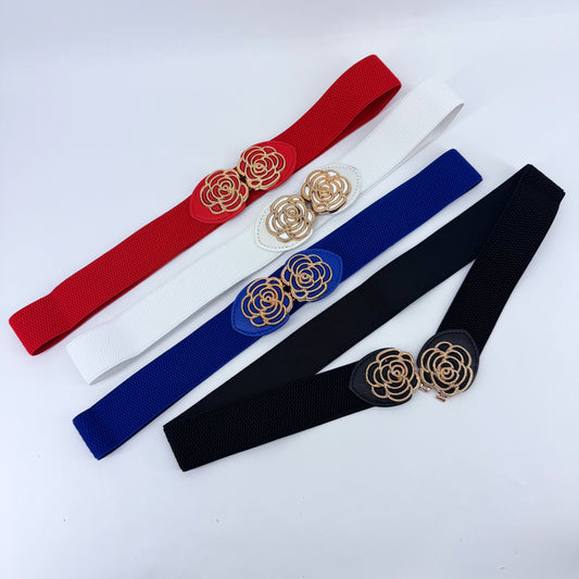 Stretchable Belt Flower Rose Design Buckle