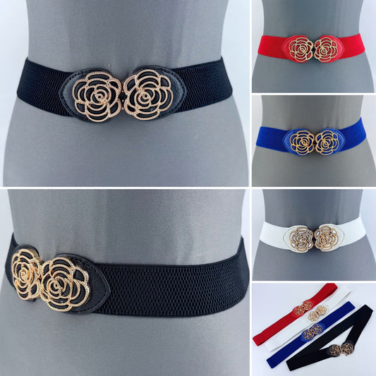 Stretchable Belt Flower Rose Design Buckle