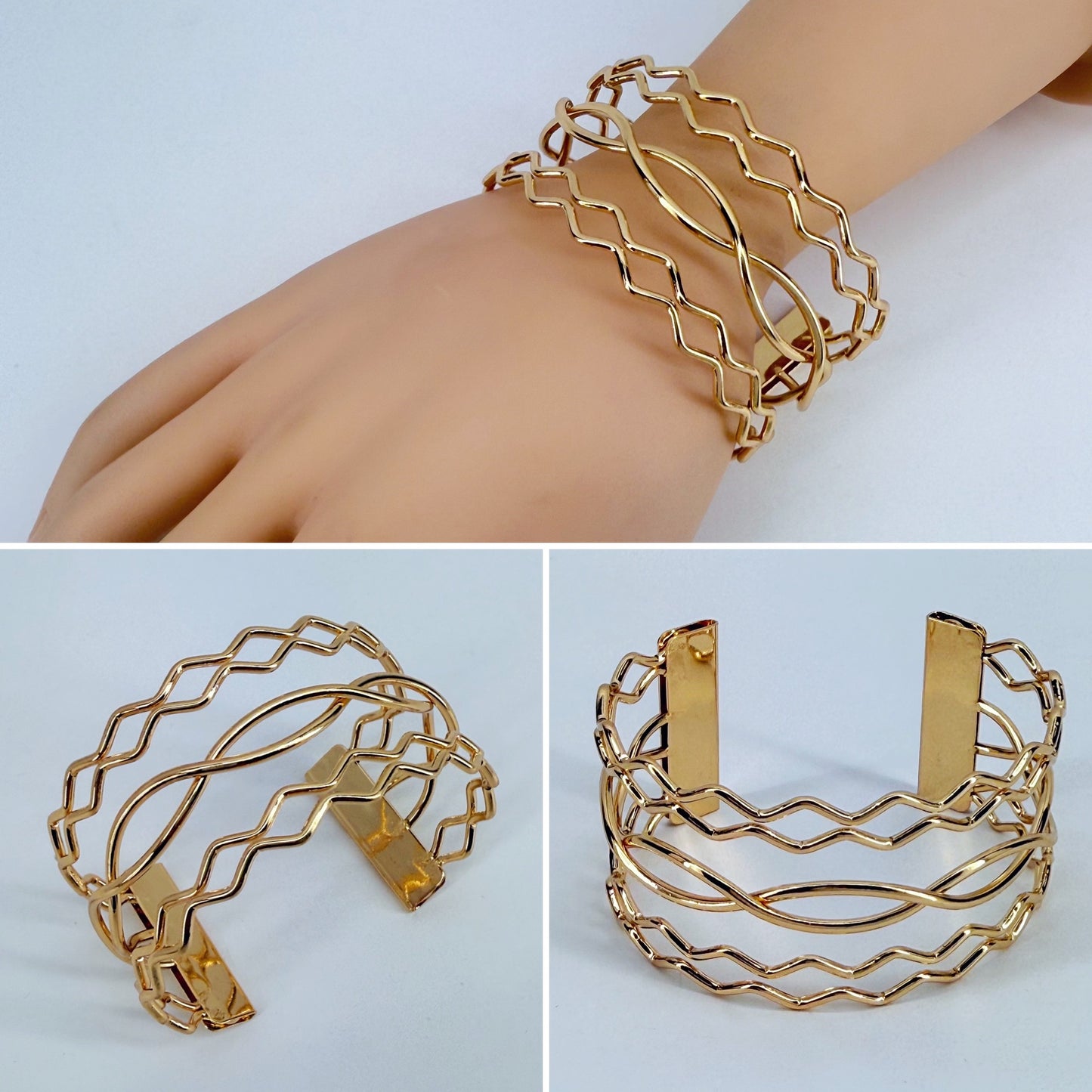 Gold Finish Twisted Layered Adjustable Cuff Bracelet
