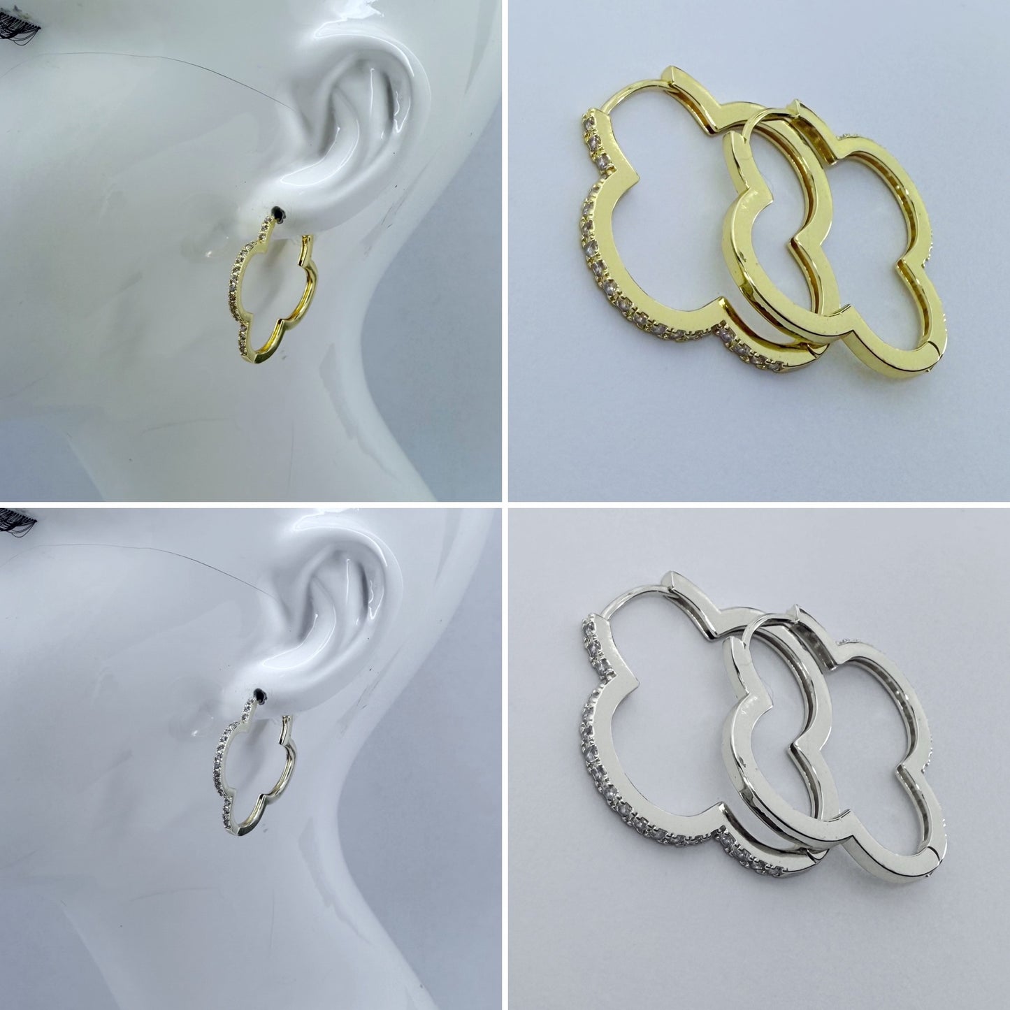 Clover Shape with Clear Rhinestones Hoop Earrings