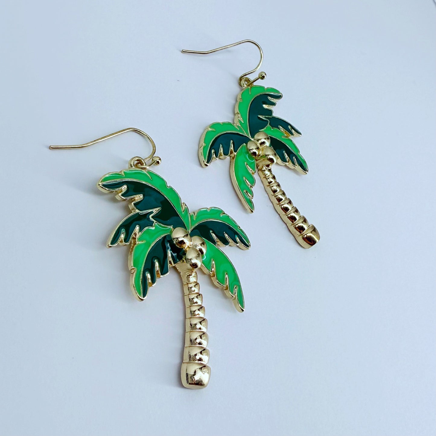 Gold Finish Green Palm Tree Earrings