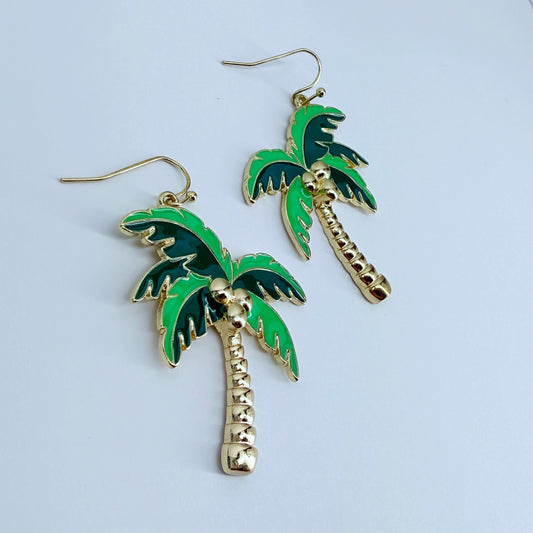 Gold Finish Green Palm Tree Earrings