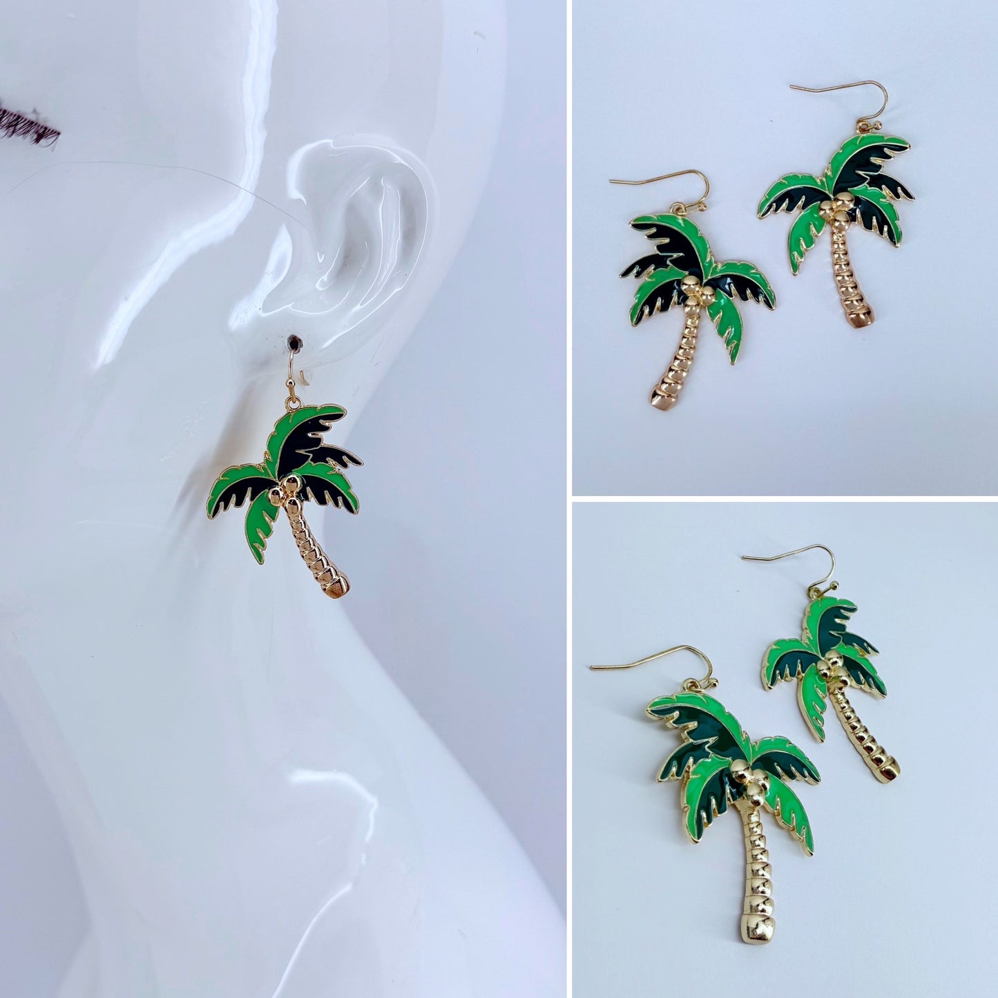 Gold Finish Green Palm Tree Earrings