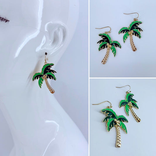 Gold Finish Green Palm Tree Earrings