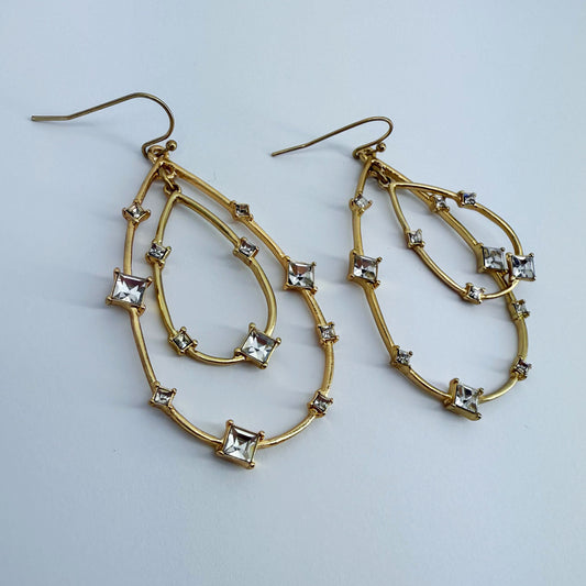 Double Tear Drop with Clear Rhinestones Earrings