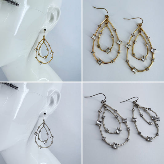 Double Tear Drop with Clear Rhinestones Earrings