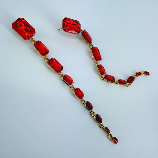 Extra Long Red Rectangle Stones Drop Dangle Earrings