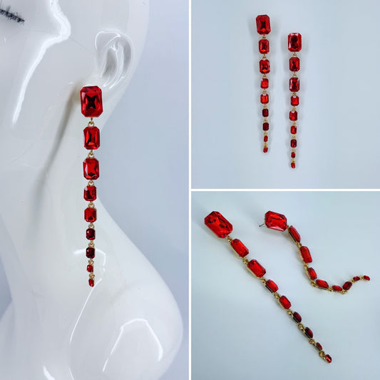 Extra Long Red Rectangle Stones Drop Dangle Earrings