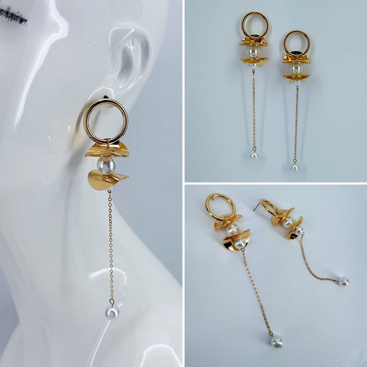 Extra Long Chain with Pearls Drop Dangle Earrings