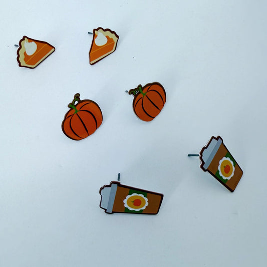 Fall Pumpkin, Pie, Coffee 3 Pair Post Back Earrings Pack