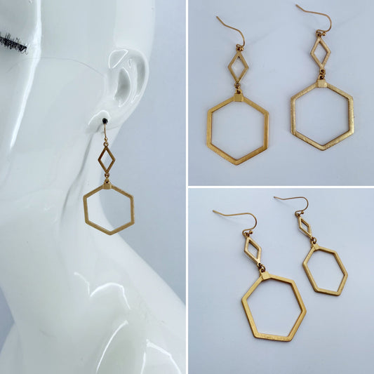 Drop Dangle Hexagon Shape Matte Gold Earrings