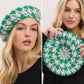 Pink and Green Houndstooth Print Beret Tam Hat