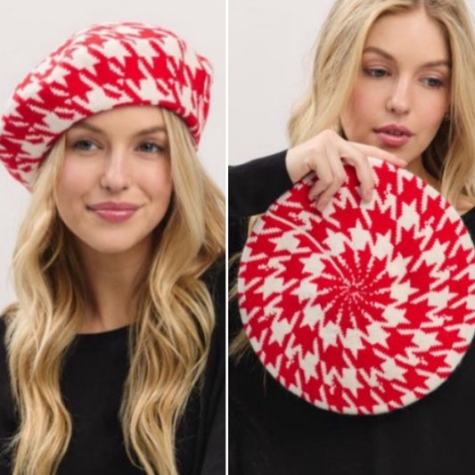 Red and White Houndstooth Print Beret Tam Hat