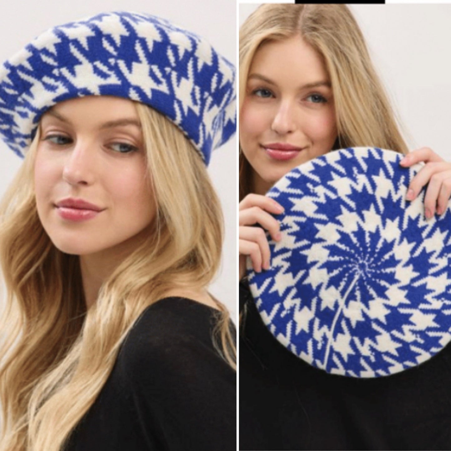 Blue and White Houndstooth Print Beret Tam Hat