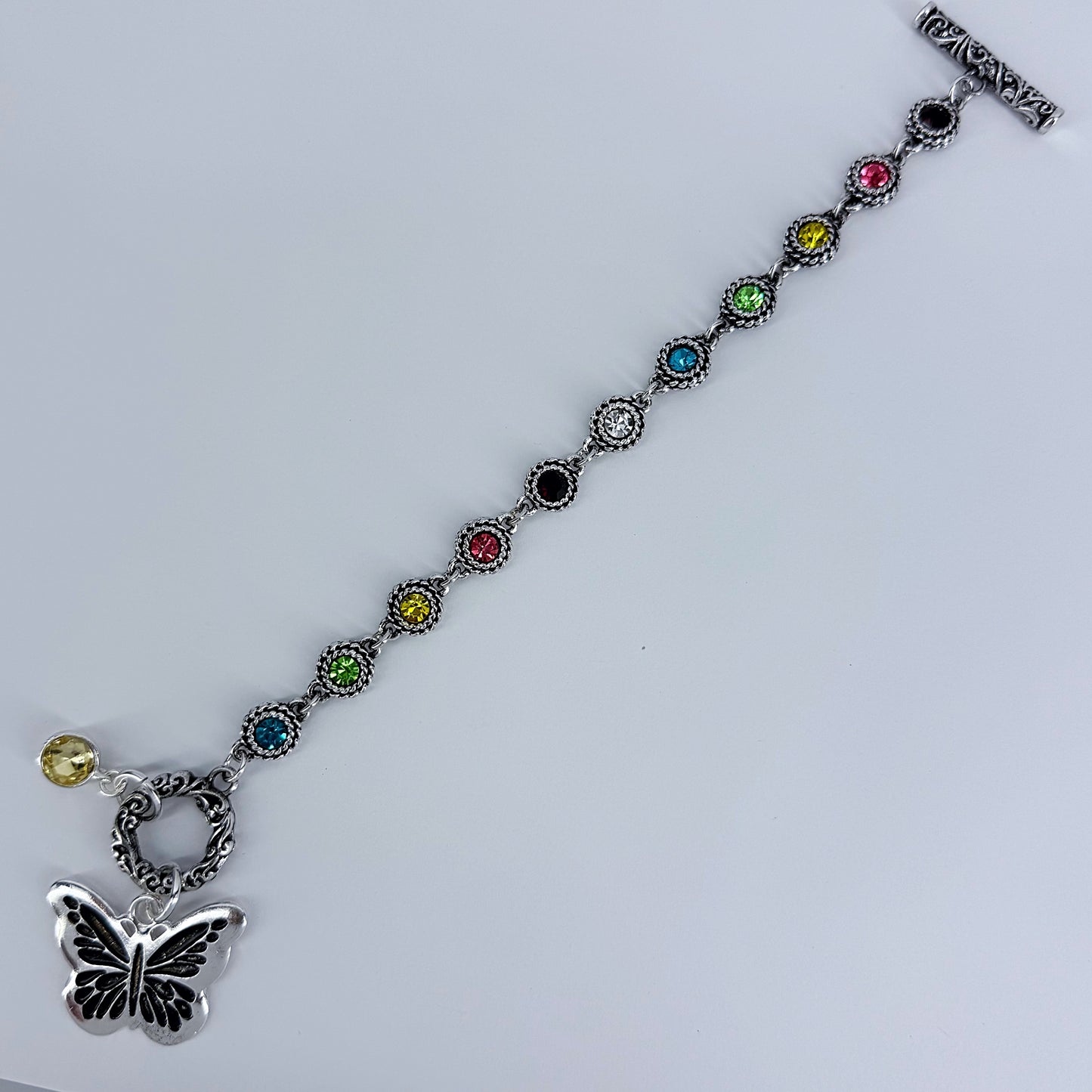 Multicolor Stones Buttefrly Charm Toggle Bracelet