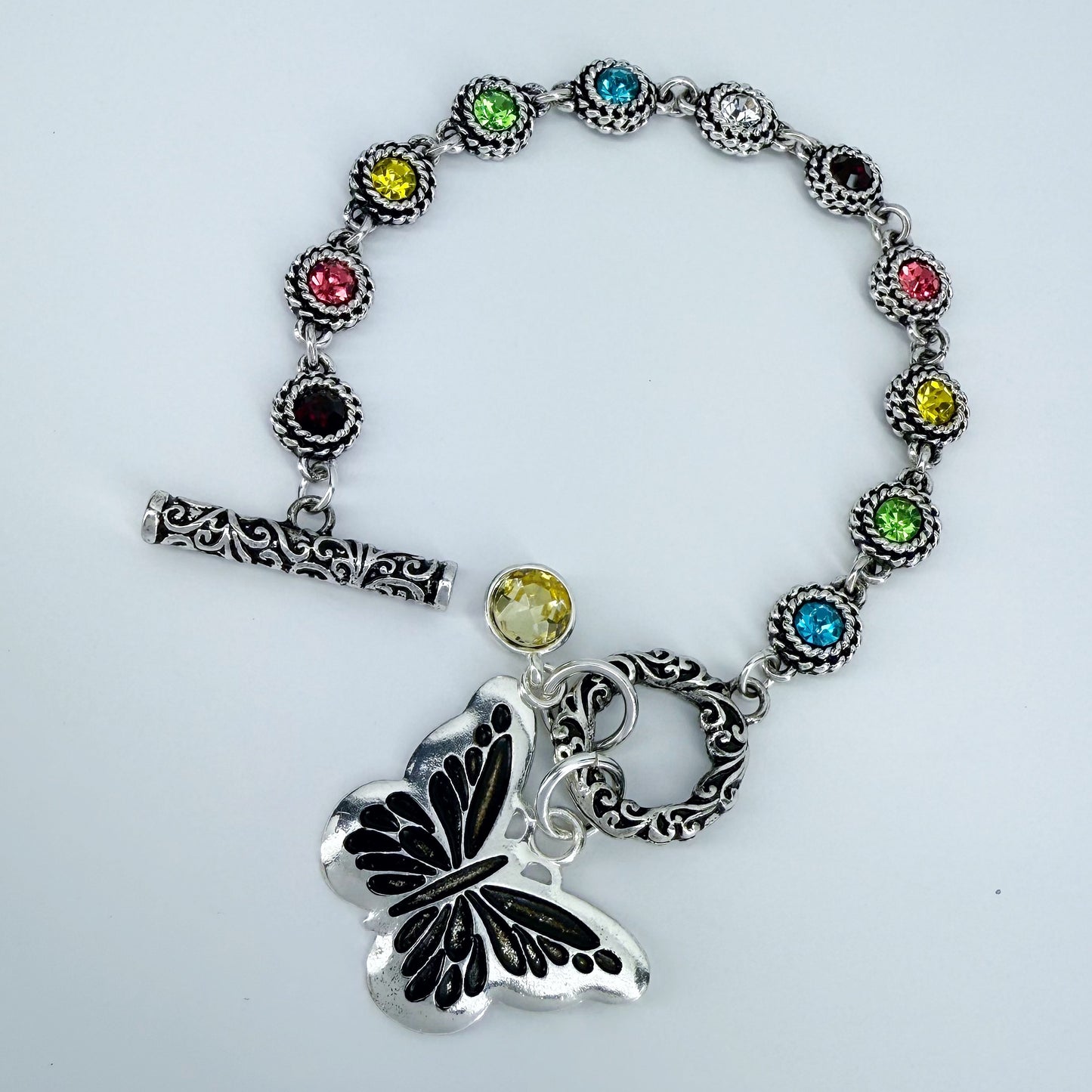 Multicolor Stones Buttefrly Charm Toggle Bracelet