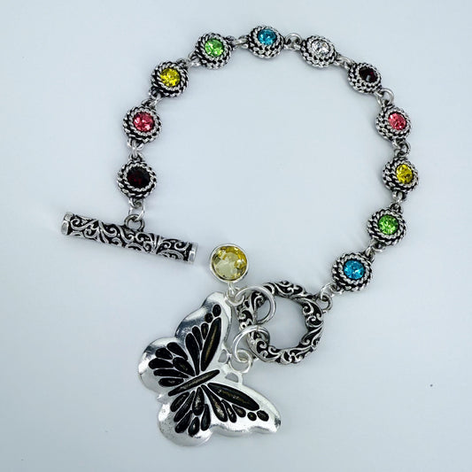 Multicolor Stones Buttefrly Charm Toggle Bracelet