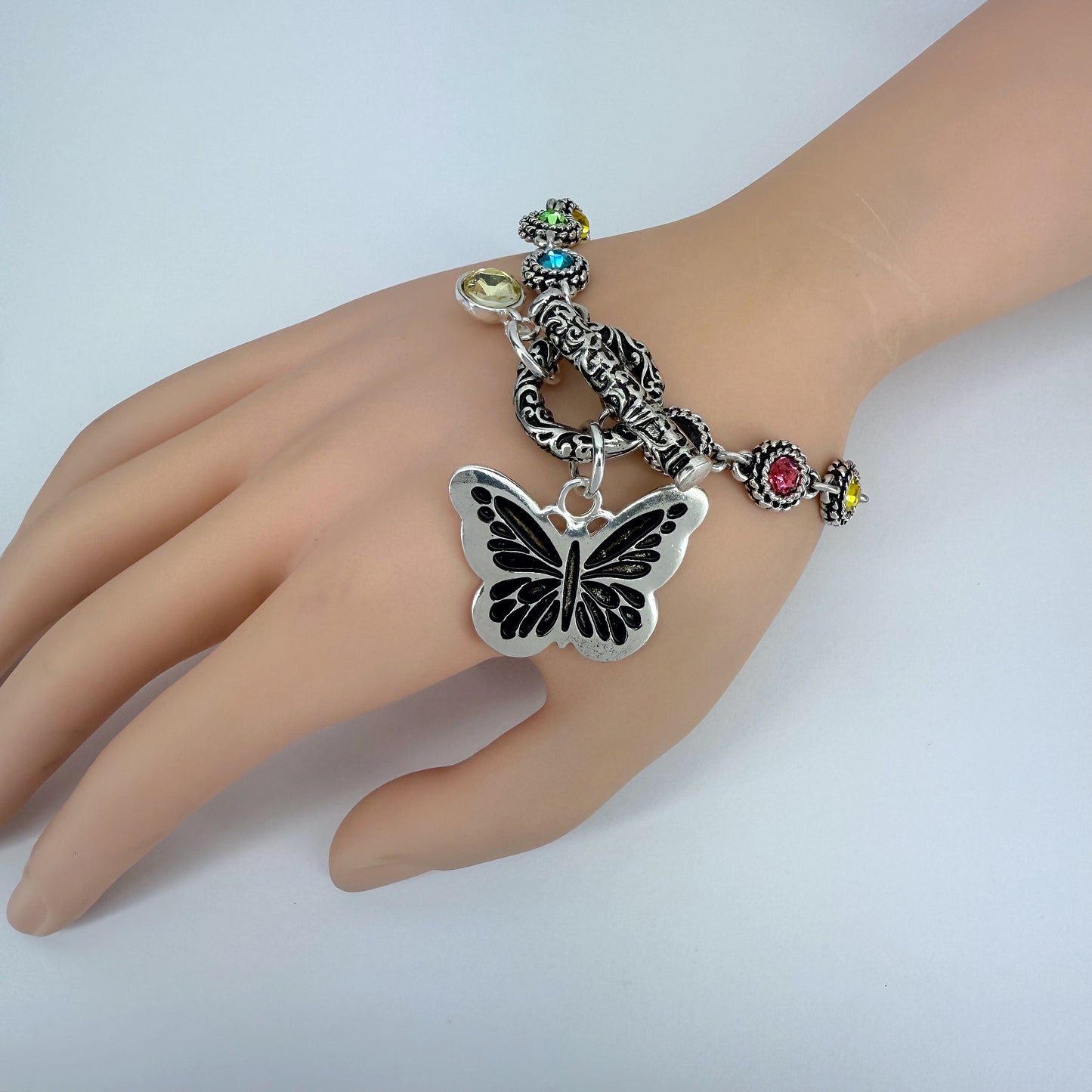 Multicolor Stones Buttefrly Charm Toggle Bracelet