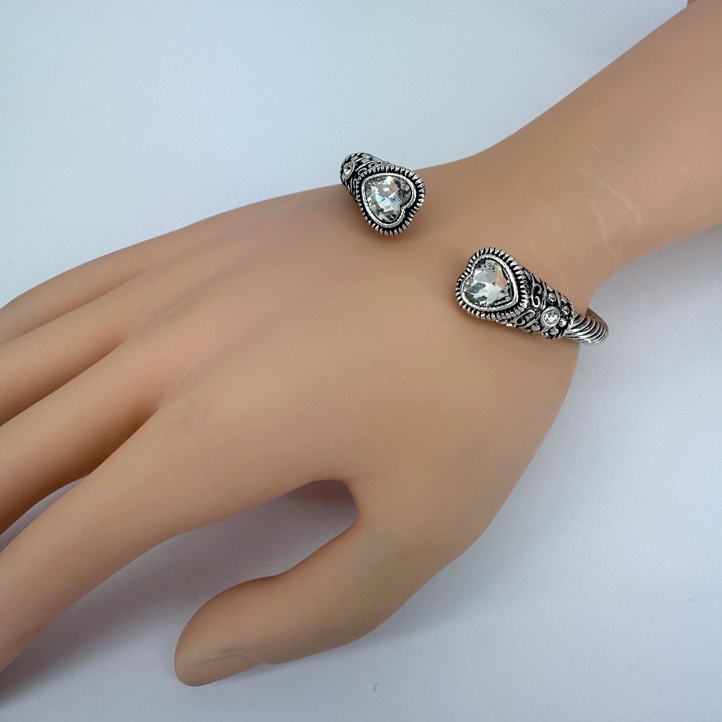 Cable Style Bangle Bracelet Heart Rhinestone