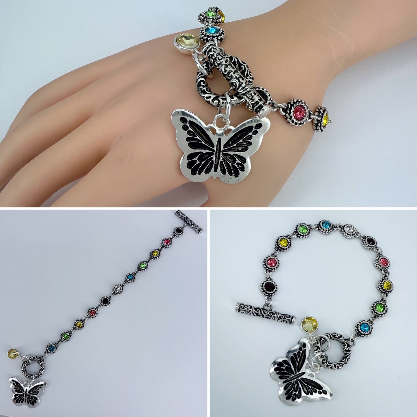 Multicolor Stones Buttefrly Charm Toggle Bracelet